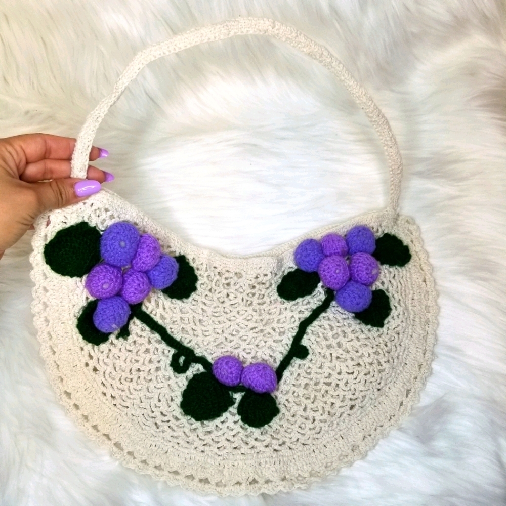 Crochet Purse Knit Bag with Lavender Grapes